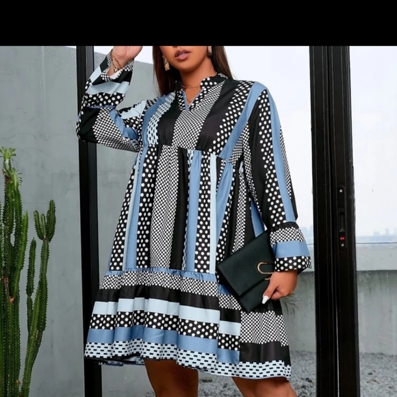 Shein plus patchwork print flounce sleeve ruffle hem dress - Picture 3 of 6